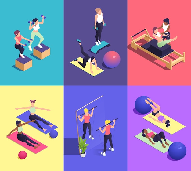 Cartoon isometric pilates practice mini composition collection