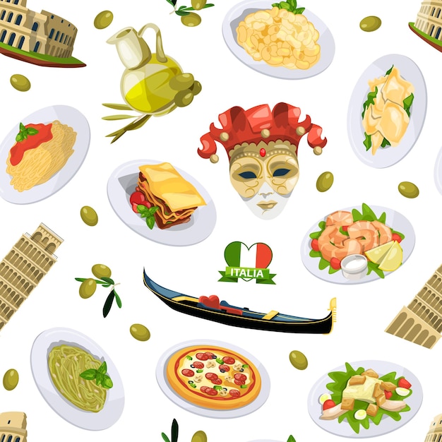 cartoon italian cuisine elements pattern or background illustration. Italian cuisine and architecture pisa, tower