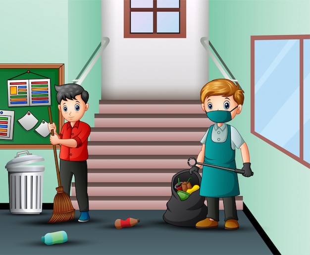 Cartoon janitor man cleaning school hallway