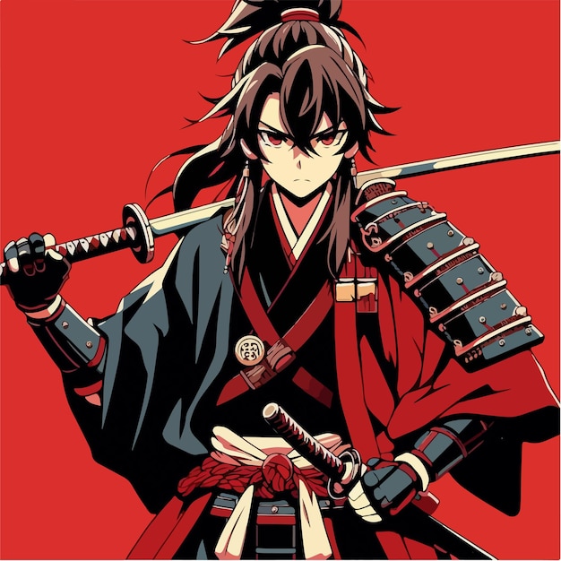 Vector a cartoon of a japanese man with a sword and a red background