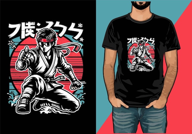 cartoon Japanese Martial art action vector tshirt design