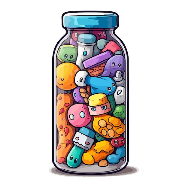 A cartoon of a jar of candy with a blue cap and a blue cap.