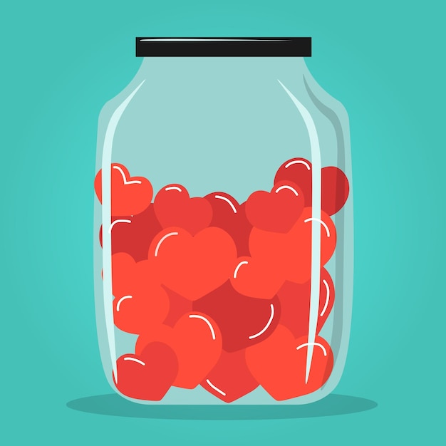 Cartoon jar filled with hearts on white background Love and Valentine's Day concept