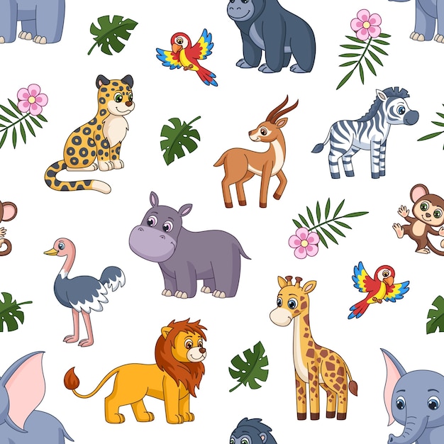 Cartoon jungle animal print Lion elephant and zebra Kids wild zoo characters safari leopard and horilla Art cute children exotic garish vector seamless pattern