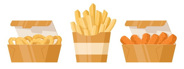 Cartoon junk fast food French fries crispy nuggets and fried onion rings takeaway restaurant food flat vector illustration set Tasty junk snacks