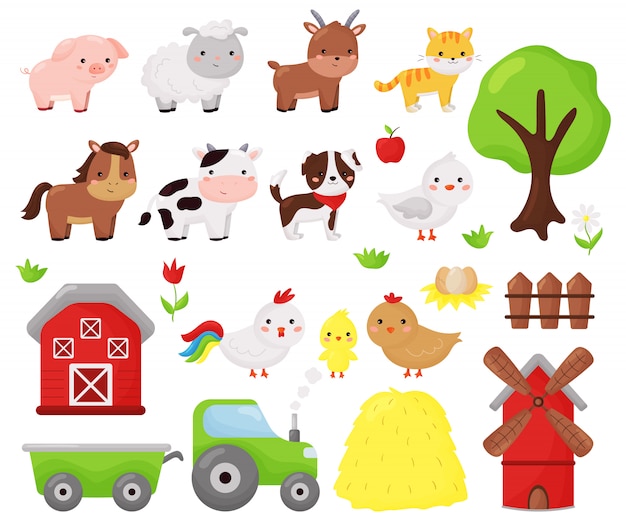 Cartoon kawaii vector set of farm animals: sheep, cow, dog, cat, horse, goat and chicken. Farm objects, barn and windmill. Illustration for kids.