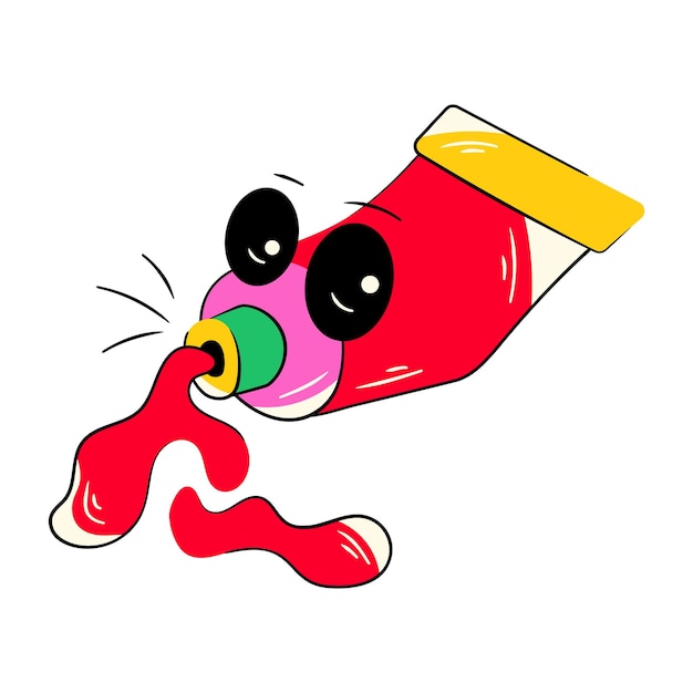 A cartoon of a ketchup bottle with a red sauce head and a yellow band around it.