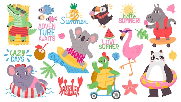 Cartoon kid animal summer vacation activity at beach Koala surfer flamingo and elephant swim on inflatable ring Tropical party vector set