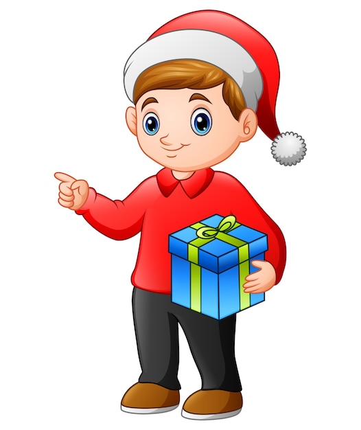 Cartoon of Kid Boy Holding a Christmas Gift