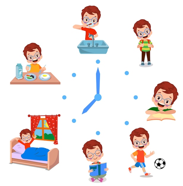 Cartoon kid daily routine activities set