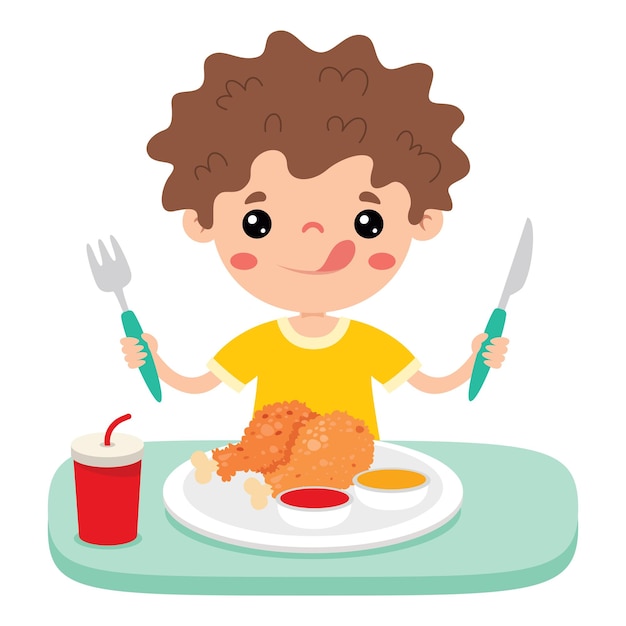 Vector cartoon kid eating chicken legs