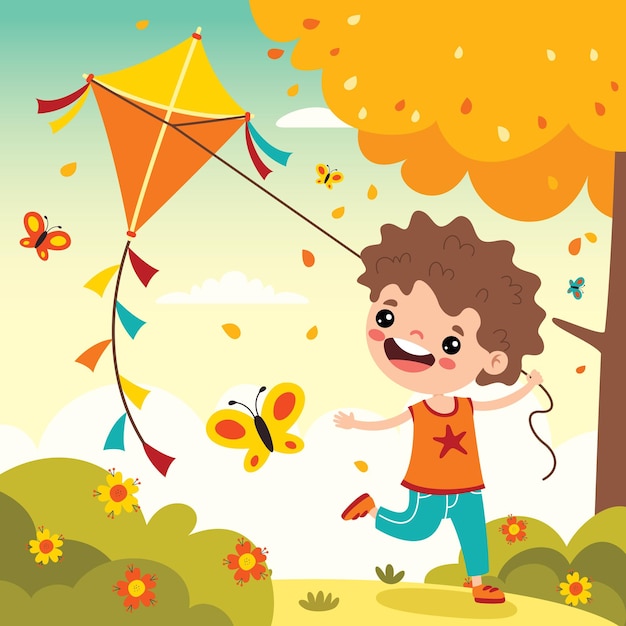 Cartoon Kid Playing With Kitefly, park, kite, kid playing, holding, toy, children, playtime, girl, b