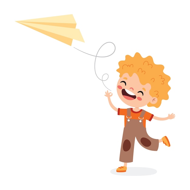 Cartoon Kid Playing With Paper Plane