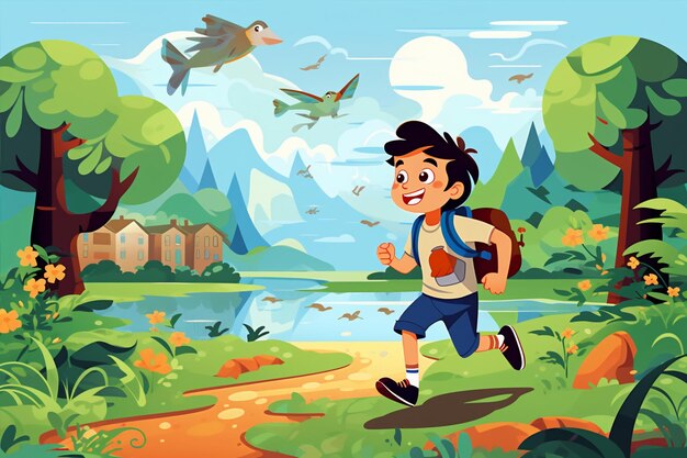 Vector cartoon kid running back to school