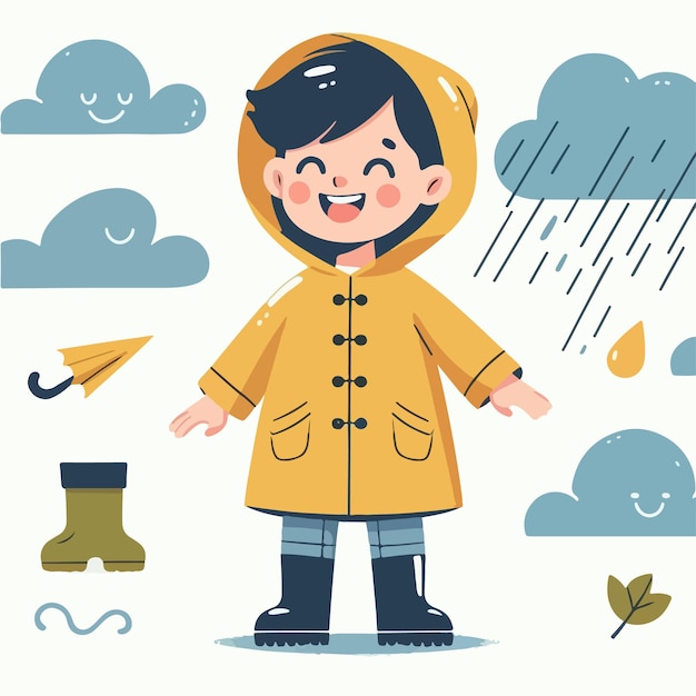 Vector cartoon kid wearing raincoat and boots in the rain