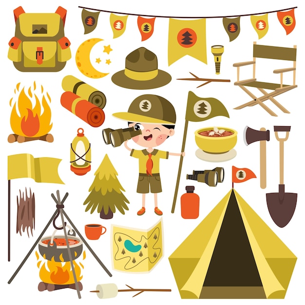 Cartoon Kid With Scouting Equipments