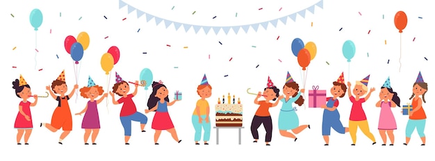 Vector cartoon kids on birthday party boy celebrating cake on table and little children event with sweets fun girl have celebrating decent vector banner