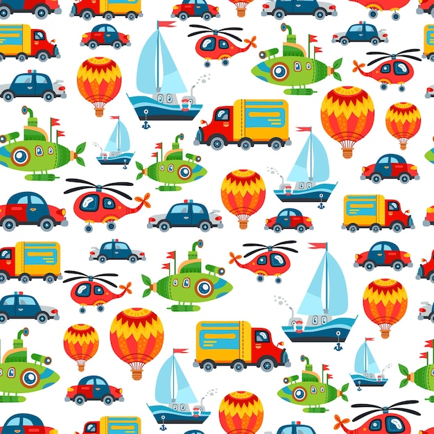 Cartoon kids cartoon transports seamless pattern.