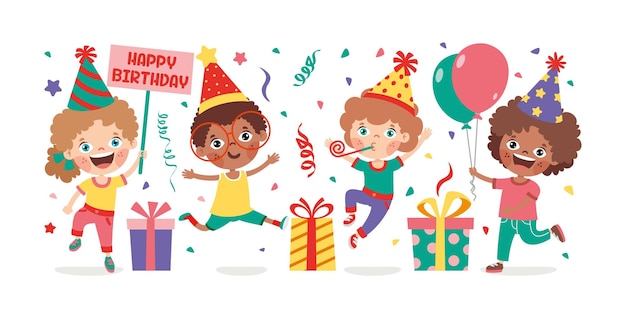 Cartoon Kids Celebrating Birthday Party