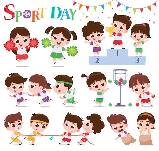 Cartoon kids character. Kids collection. Sports Day.