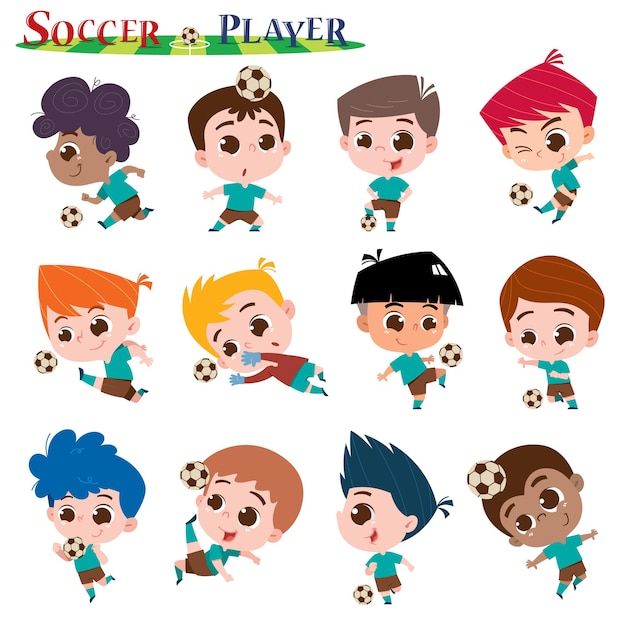 Cartoon kids character Soccer player set