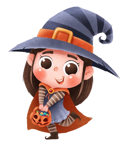 Cartoon kids character. Witch costume.Happy Halloween.