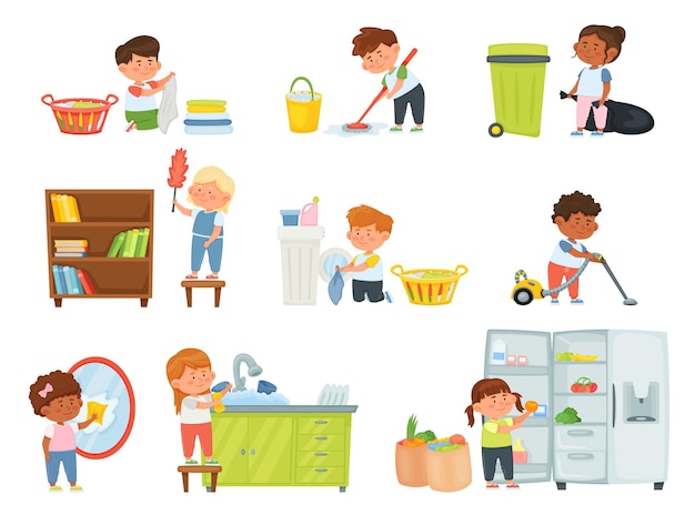 Cartoon kids doing housework, children helping with chores. Boys and girls vacuuming, dusting, washing dishes, mopping floor vector set. Character buying food and filling fridge, doing laundry