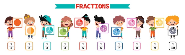 Vector cartoon kids learning fractions subject