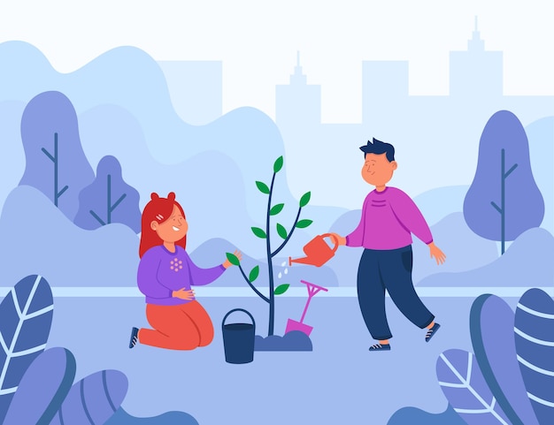 Cartoon kids planting green tree in garden. Children watering plant flat vector illustration. Spring, gardening, environment, nature, education concept for banner, website design or landing web page