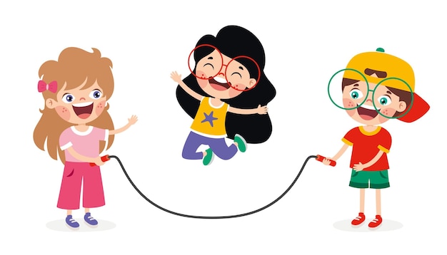 Cartoon Kids Playing Jumping Rope