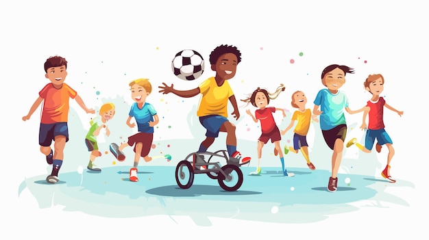 Vector a cartoon of kids playing soccer with a soccer ball