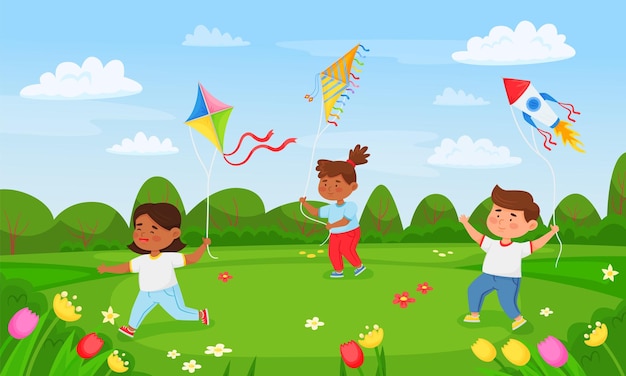 Cartoon kids playing with flying kites in summer park Children holding kite and running on meadow having fun outdoor vector illustration