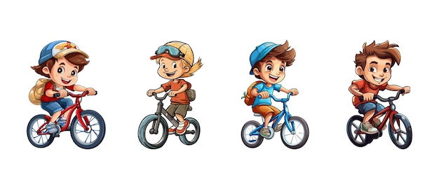 Cartoon kids riding bikes and smiling