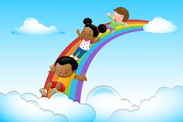 Cartoon of kids sliding on rainbow in the sky