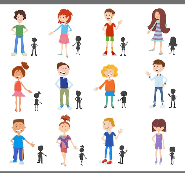 Cartoon kids and teens with silhouettes set