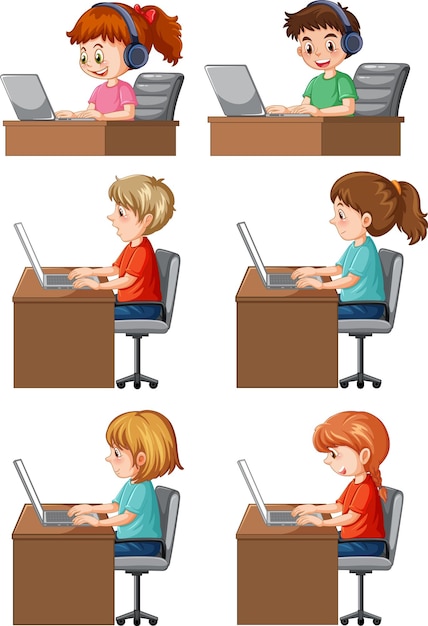 Cartoon Kids Using Laptops for Online Learning