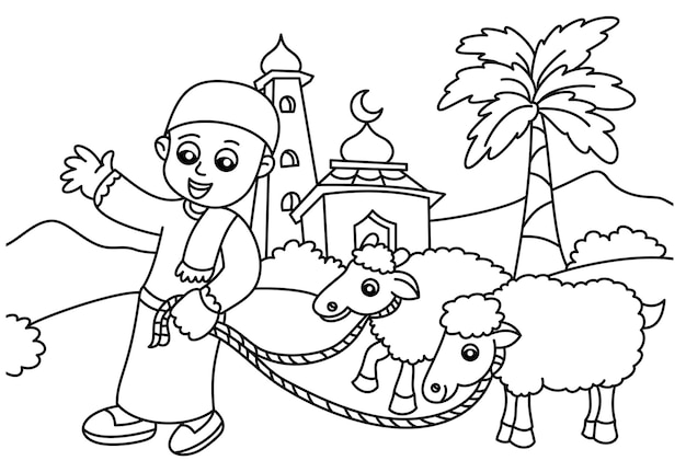 cartoon kids with goats cute coloring page or book for kids