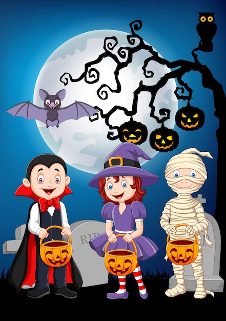 Cartoon kids with Halloween costume holding pumpkin basket