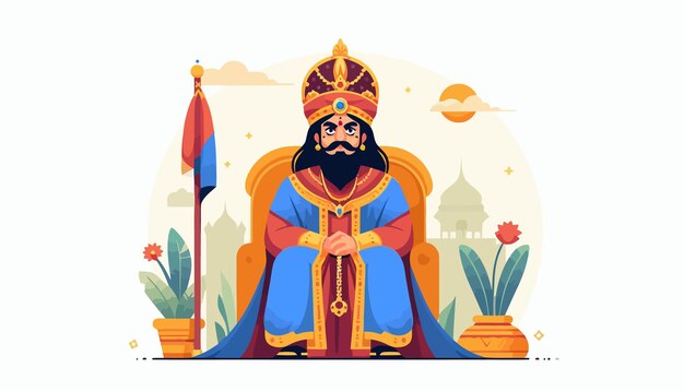 Vector a cartoon of a king sitting in a throne with flowers and a red and blue flag