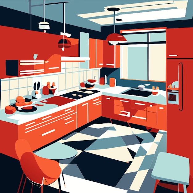 cartoon kitchen room interior at home with fridge vector background cooking furniture inside house