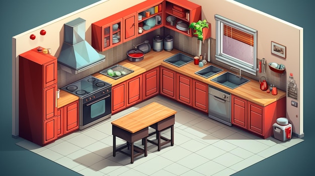 a cartoon of a kitchen with a stove oven and table