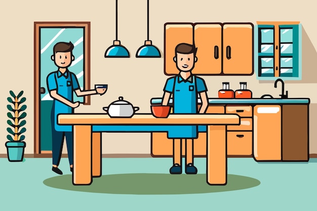 Vector a cartoon of a kitchen with a woman and a man in blue uniforms standing in front of a table with a bowl of food.