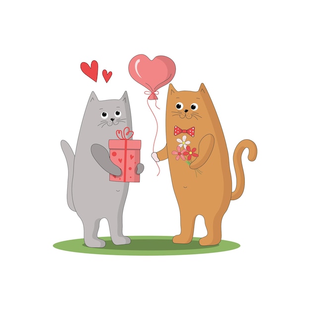 Cartoon kittens with a ball A cat with a bouquet of flowers gives a gift Loving couple of cats Packed with a bow with a gift