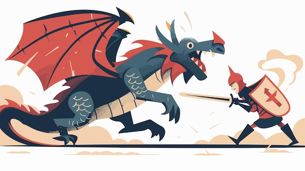 Vector cartoon knight running from fierce dragon