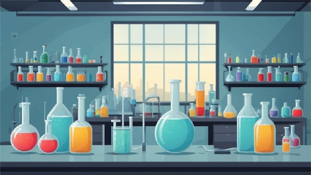 Vector cartoon laboratory with a bottle of liquid and playful science equipment