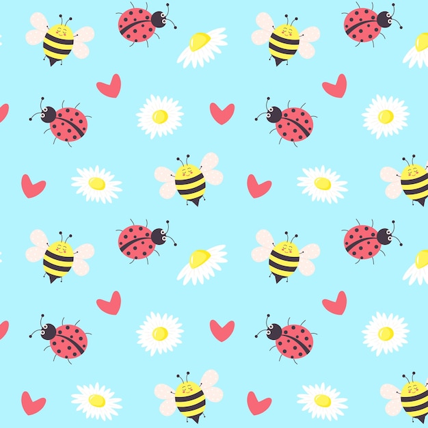 Cartoon ladybug bee daisies and hearts seamless pattern