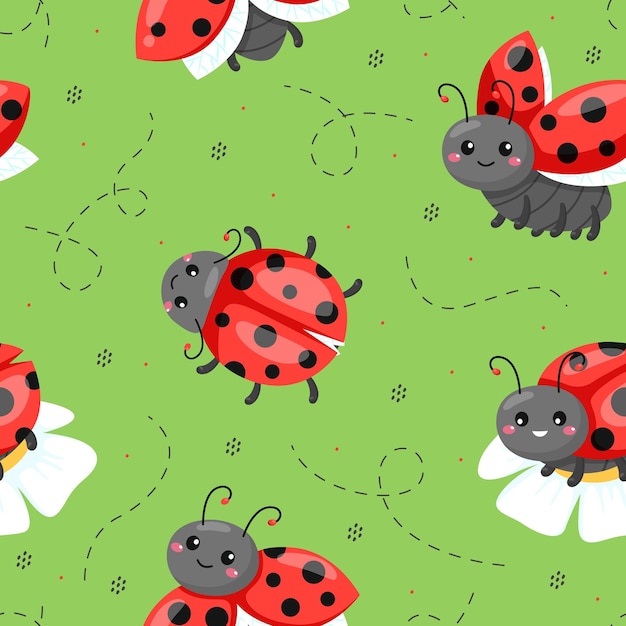 Cartoon ladybugs seamless pattern Red colorful beetles with black polka dot flying crawling funny insects on chamomiles on green background Decor textile wrapping paper vector print