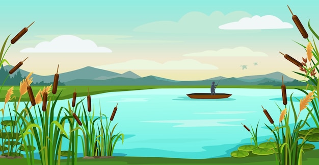 Cartoon lake landscape Fisherman fishing in boat on pond with reeds catching fish Nature vector background illustration