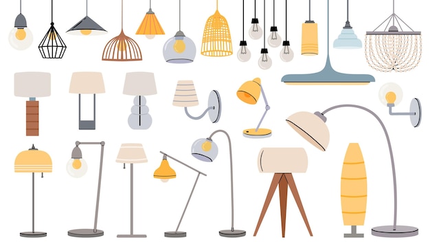 Cartoon lamps. Cozy flat torcheres, hanging chandeliers and lamp for table, floor. Home illumination design for modern interior vector set. Indoor electrical equipment of different style