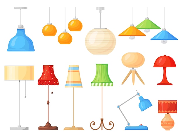 Cartoon lamps Home interior floor and table torcheres with different lampshades room illumination Isolated furniture neat decor vector set